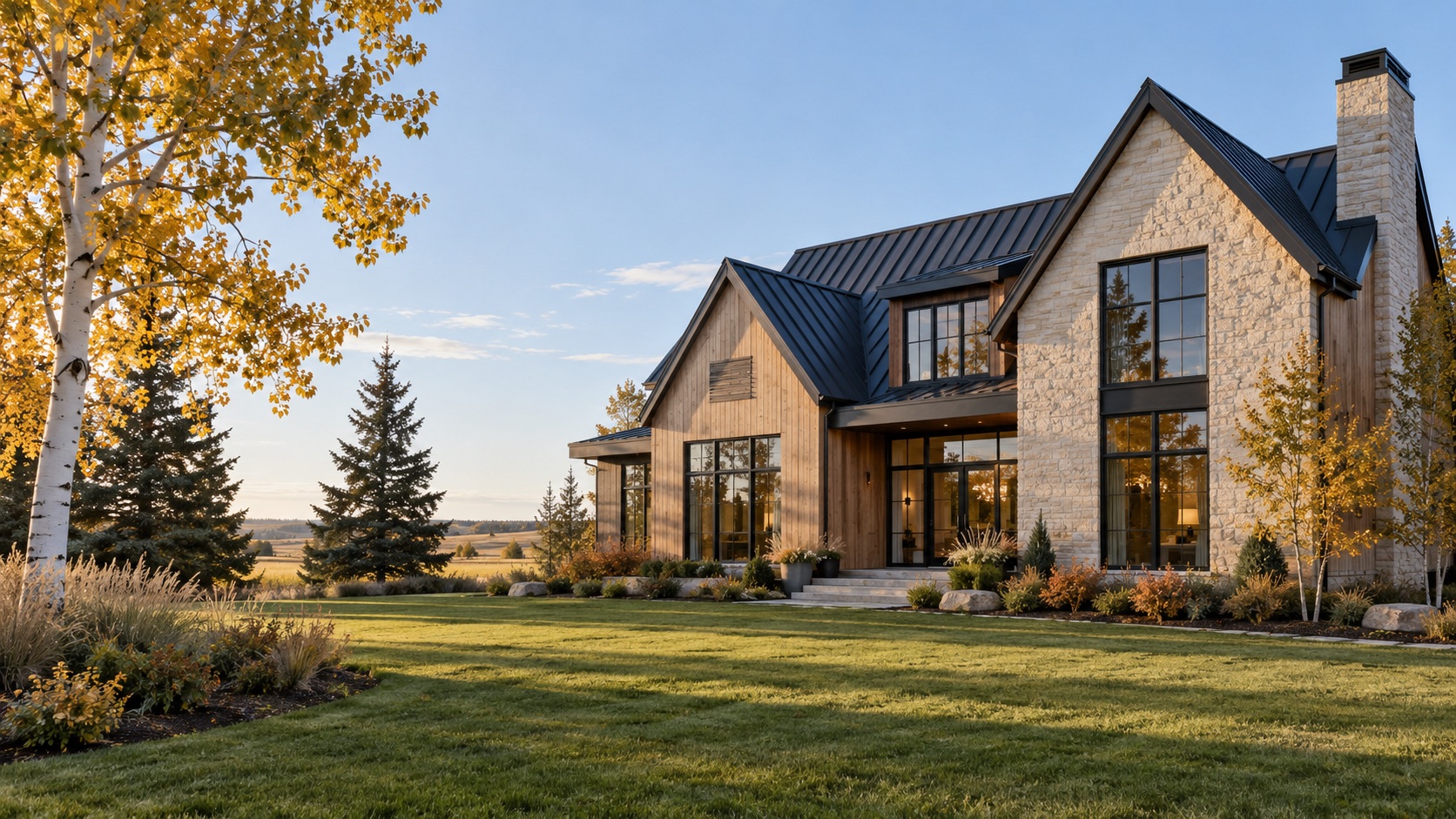 Contemporary Canadian home framed by autumn aspen and spruce trees